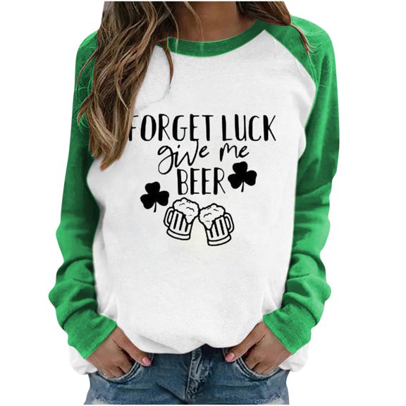 Luxalzxs Womens Casual Round Neck Color Block St. Patrick's Day Print Long Sleeve T-Shirt Top Sweatshirts