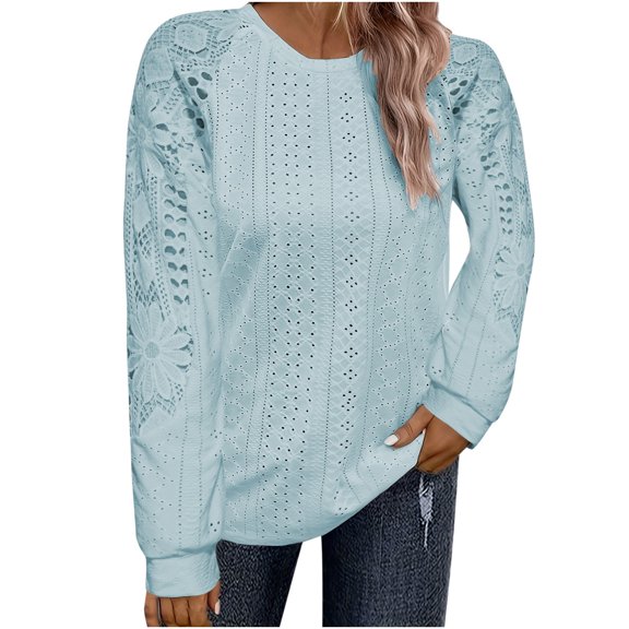 Luxalzxs Womens Casual Round Neck Hollow Lace Patchwork Long Sleeve Shirt Tops Solid Color Pullover Tunic T-Shirts