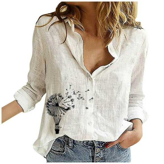 Luxalzxs Womens Cotton Linen Blouses Long Sleeve Lapel Collar Button Down Shirts V-Neck Casual Printing Work Tops