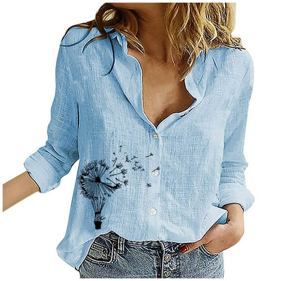 Luxalzxs Womens Cotton Linen Blouses Long Sleeve Lapel Collar Button Down Shirts V-Neck Casual Printing Work Tops