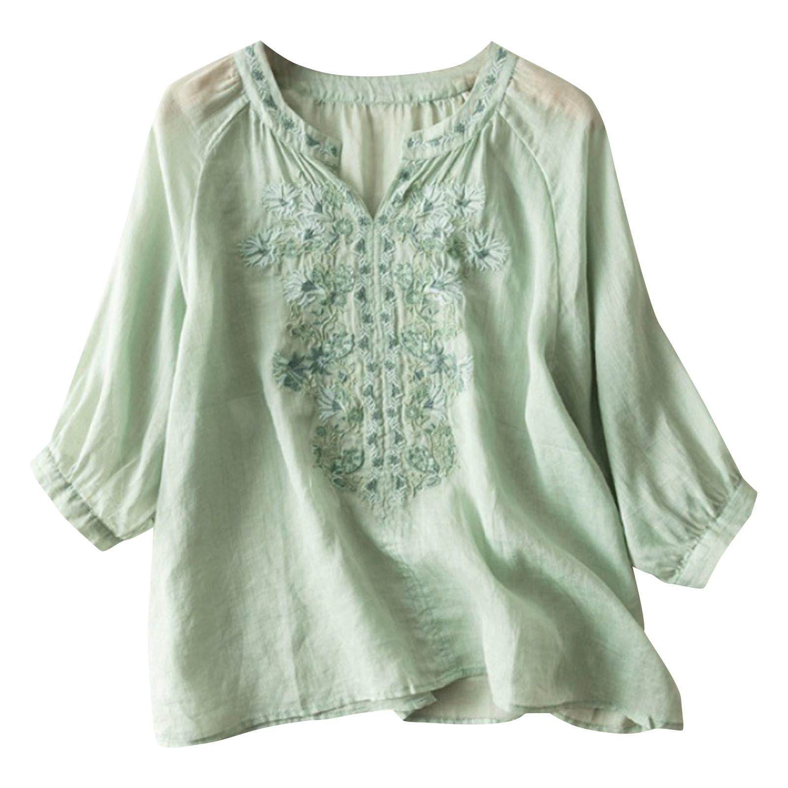 Women Spring Vintage Lattice V Neck 100 Linen Shirt