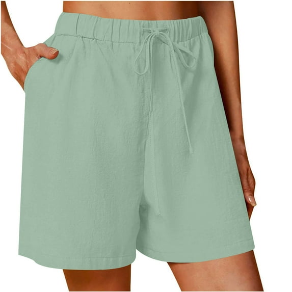 Luxalzxs Womens Cotton Linen Shorts Comfy Drawstring Mid-Rise Athletic Running Shorts Summer Casual Elastic Waist Wide Leg Shorts with Pockets