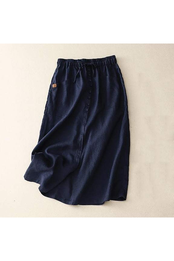 Luxalzxs Womens Cotton Linen Skirts Summer Casual Flowy Drawstring Elastic Waist A-Line Front Slit Button Down Midi Skirt with Pockets