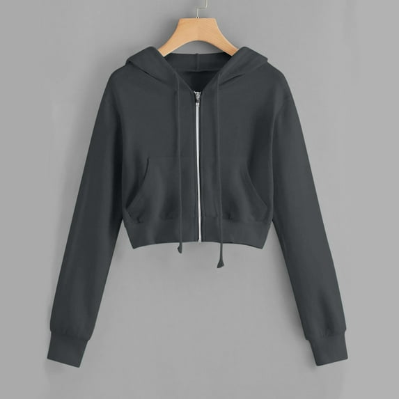 Luxalzxs Womens Cropped Sweatshirt Teen Girls Solid Color Long Sleeve Crop Tops Zip Up Hoodies Casual Drawstring Y2K Sweatshirts with Pockets
