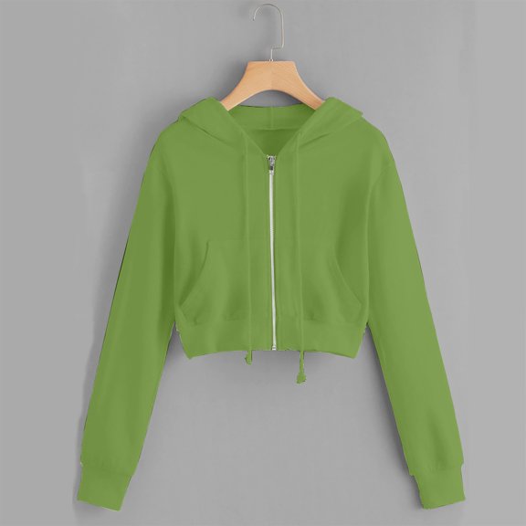 Luxalzxs Womens Cropped Sweatshirt Teen Girls Solid Color Long Sleeve Crop Tops Zip Up Hoodies Casual Drawstring Y2K Sweatshirts with Pockets