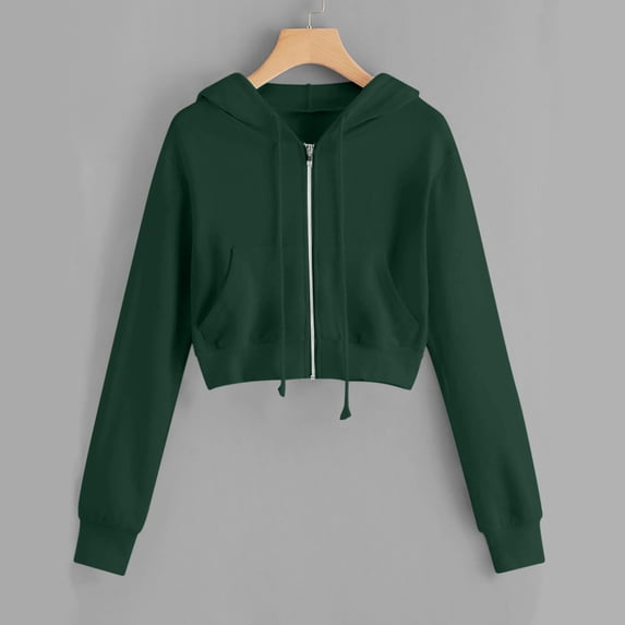 Luxalzxs Womens Cropped Sweatshirt Teen Girls Solid Color Long Sleeve Crop Tops Zip Up Hoodies Casual Drawstring Y2K Sweatshirts with Pockets