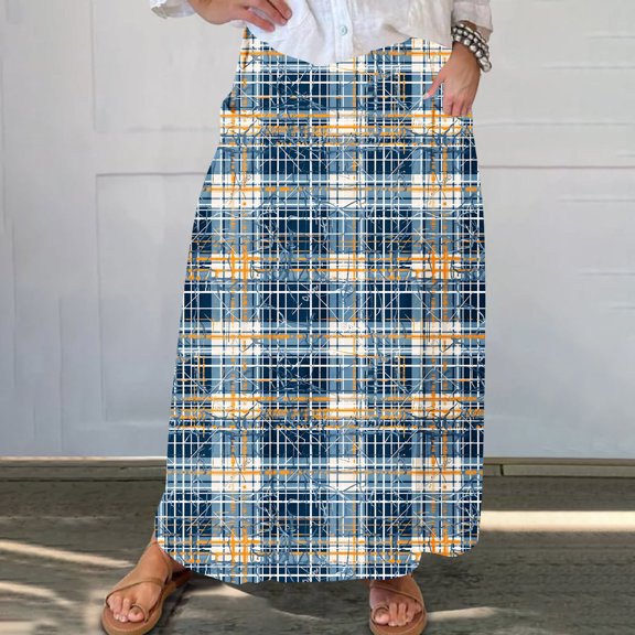 Luxalzxs Womens Denim Printed Elastic High Waist Curvy Pleated Skirt Beach Imitation Denim Mid Calf Skirt Flowy Maxi Skirts with Pockets