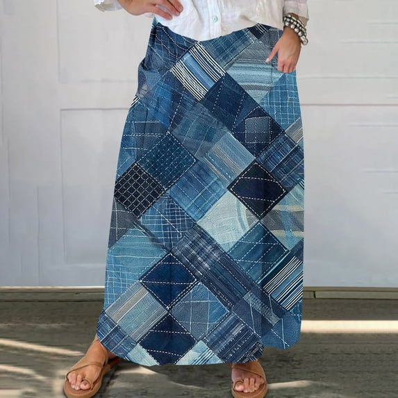 Luxalzxs Womens Denim Printed Elastic High Waist Curvy Pleated Skirt Beach Imitation Denim Mid Calf Skirt Flowy Maxi Skirts with Pockets