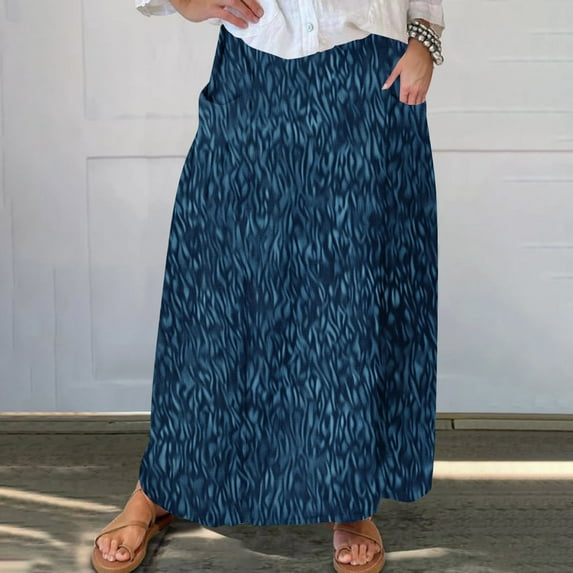 Luxalzxs Womens Denim Printed Elastic High Waist Curvy Pleated Skirt Beach Imitation Denim Mid Calf Skirt Flowy Maxi Skirts with Pockets