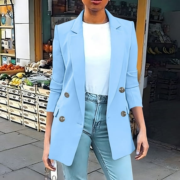 Luxalzxs Womens Double Breasted Blazer Casual Long Sleeve Notch Lapel Solid Color Mid Long Blazer Jackets for Work Professional Plus Size Open Front Prom Party Office Business Coats