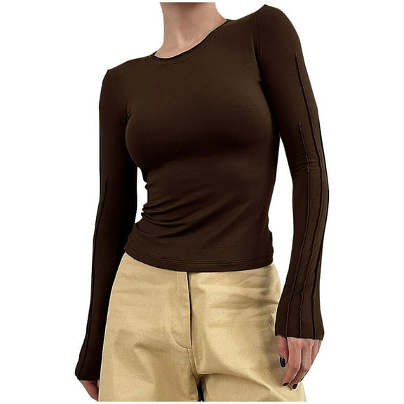 Luxalzxs Womens Fall Winter Long Sleeve Stretch Slim Round Neck Solid Color Basic Shirts Tops Blouses