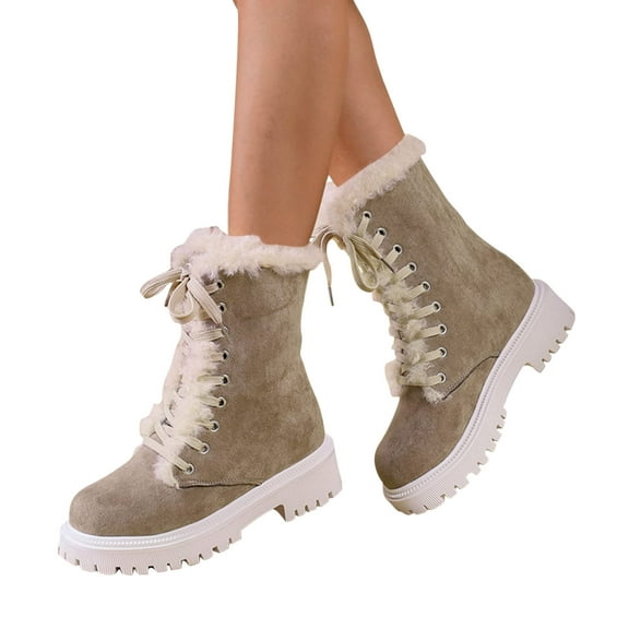 Luxalzxs Womens Fall/Winter Thick-Soled Snow Short Boots Lace-Up Furry Velvet Warm Mid-Calf Cotton Shoes