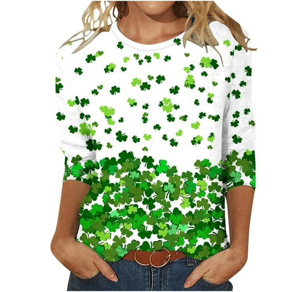 Luxalzxs Womens Fashion St. Patricks Day Shamrock Clover Printed T-Shirt 3/4 Sleeves Blouse Round Neck Casual Tops