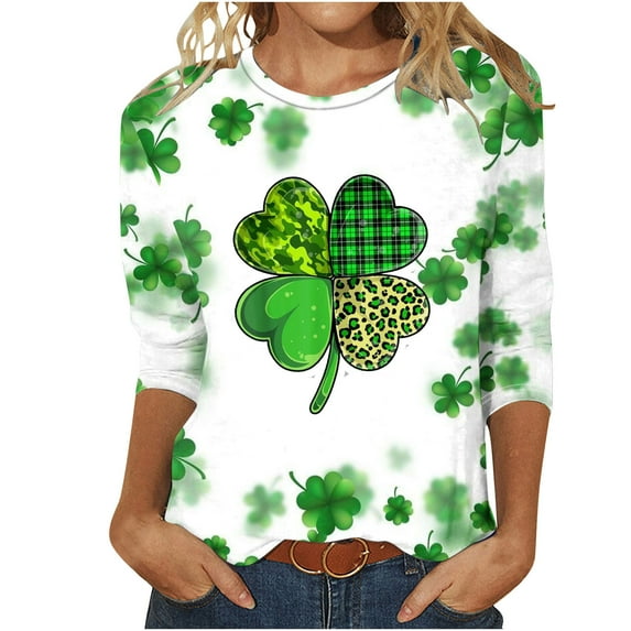 Luxalzxs Womens Fashion St. Patricks Day Shamrock Clover Printed T-Shirt 3/4 Sleeves Blouse Round Neck Casual Tops