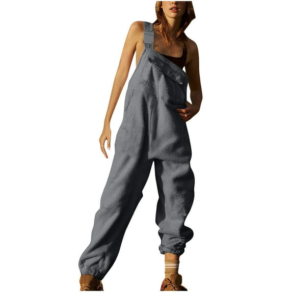 Luxalzxs Womens Fleece Overalls One-Piece Warm Winter Casual Loose Adjustable Suspender Straps Jumpsuits Sherpa Bib Overalls Fuzzy Ski Pants with Pockets
