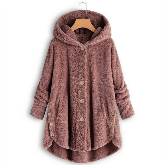 Luxalzxs Womens Fuzzy Fleece Jacket Long Sleeve Button Down Solid Color Hooded Outerwear Coat Plus Size Casual Plush Cardigan Pyjamas Sweatshirt with Pockets