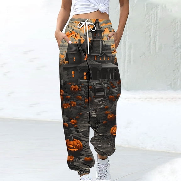 Luxalzxs Womens Halloween Sweatpants High Waisted Cinch Bottom Sporty Active Joggers Pants Baggy Lounge Bottoms with Pockets