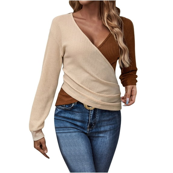 Luxalzxs Womens Knitted V-Neck Long Sleeve Wrap Front Cross Loose Sweater Color Block Pullover Jumper Tops Blouse