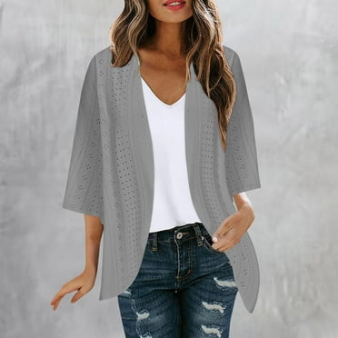 Luxalzxs Womens Lightweight Cardigan Summer Fall Casual Open Front Cardigans 3/4 Sleeve Eyelet Cardigan Soft Breathable Draped Cover Up