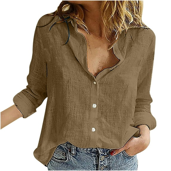Luxalzxs Womens Linen Shirts Solid Color Long Sleeve Button Down Lapel Collar Casual Oversized Work Tops