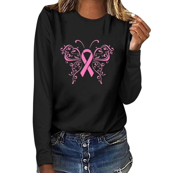 Luxalzxs Womens Long Sleeve Breast Cancer Awareness Shirts Pink Ribbon Graphic Tunic Top Cancer Fight Inspirational Shirt Breast Cancer Survivor Shirts