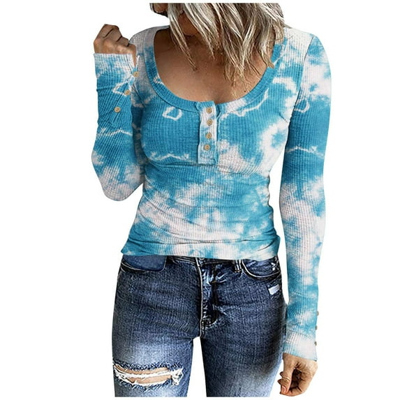 Luxalzxs Womens Long Sleeve Ribbed Knit Tunic Tops Scoop Neck Button Down Tie Dyed Shirts Tops Casual Henley Tee Shirt Slim Fit Blouses