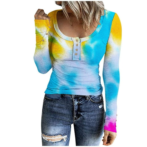 Luxalzxs Womens Long Sleeve Ribbed Knit Tunic Tops Scoop Neck Button Down Tie Dyed Shirts Tops Casual Henley Tee Shirt Slim Fit Blouses
