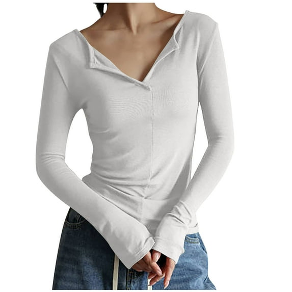 Luxalzxs Womens Long Sleeve Tops Casual Solid Color V-Neck Soft Basic Tee Slim Fit Y2K Tops