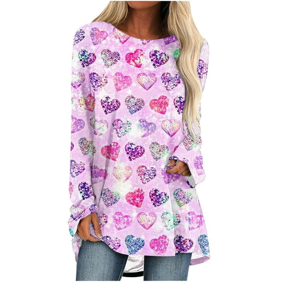 Luxalzxs Womens Long Sleeve Tops Plus Size Valentines Day Crewneck Love Heart Print Casual Pullover Tees Tops