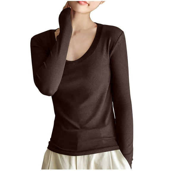 Luxalzxs Womens Long Sleeve Tops Scoop Neck Solid Color Slim Fitted Casual Basic Top Blouses