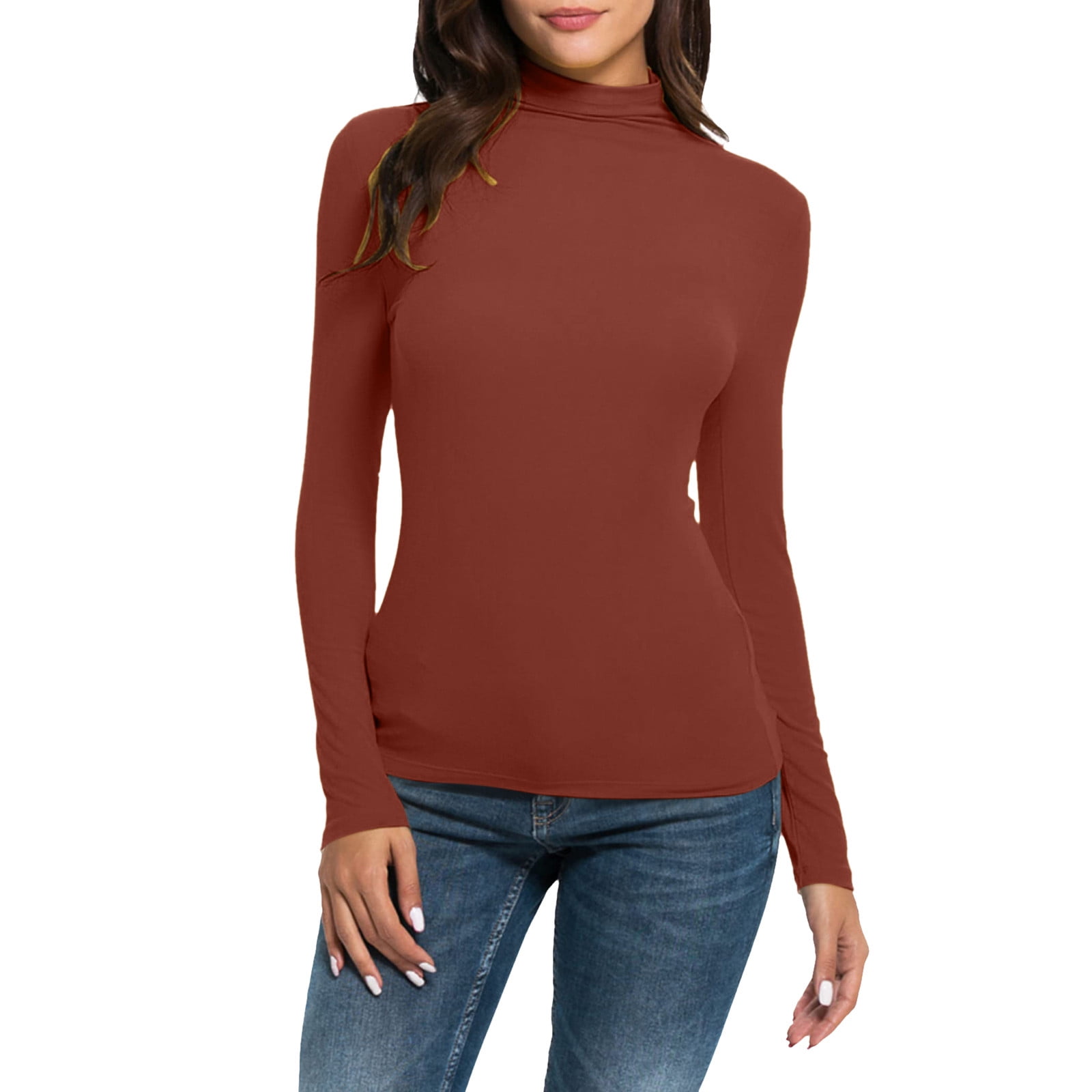 Luxalzxs Womens Long Sleeve Turtleneck Tops Solid Color Slim Fitted ...