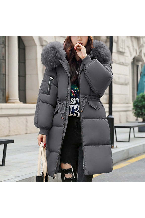 Luxalzxs Womens Long Winter Jackets Mid Length Down Puffer Jacket Coat Cotton Thickened Warm Winter Snow Coat with Faux Fur Trim Hood