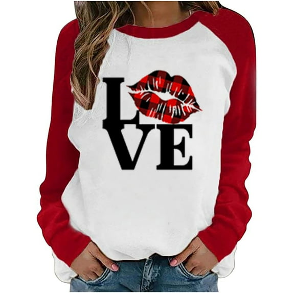 Luxalzxs Womens Love Heart Print Sweatshirt Casual Raglan Long Sleeve Crewneck Valentine's Day Graphic Colorblock Pullover Tops