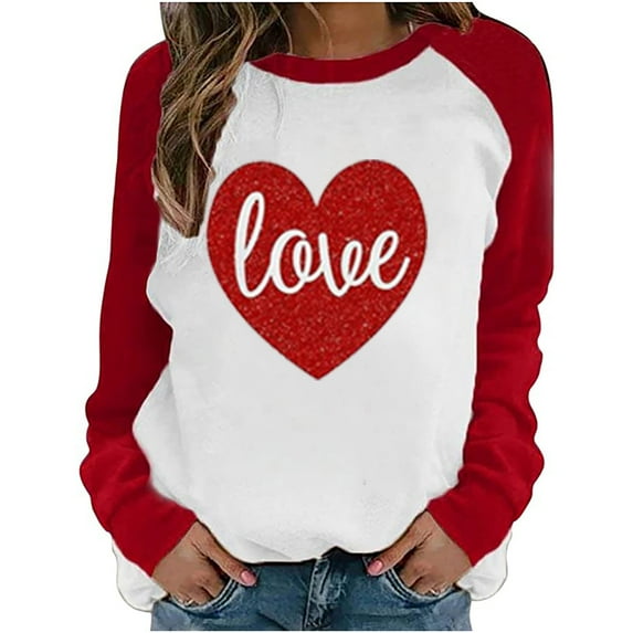 Luxalzxs Womens Love Heart Print Sweatshirt Casual Raglan Long Sleeve Crewneck Valentine's Day Graphic Colorblock Pullover Tops