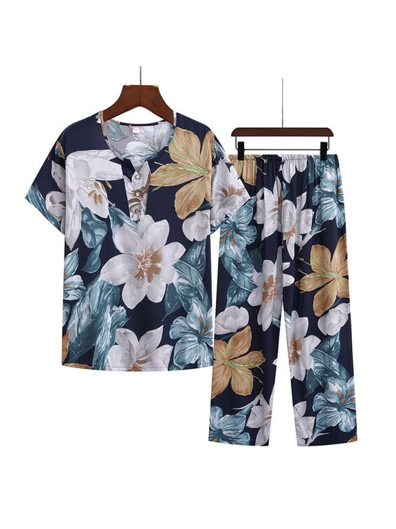 Luxalzxs Womens Match Sets Summer Cotton Linen Pajamas Sets Casual Loose Floral Print Short Sleeve Tops and Pants Pjs Lounge Sets Sleepwear