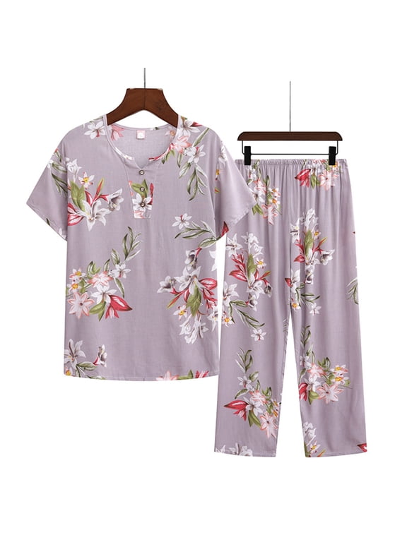 Luxalzxs Womens Match Sets Summer Cotton Linen Pajamas Sets Casual Loose Floral Print Short Sleeve Tops and Pants Pjs Lounge Sets Sleepwear