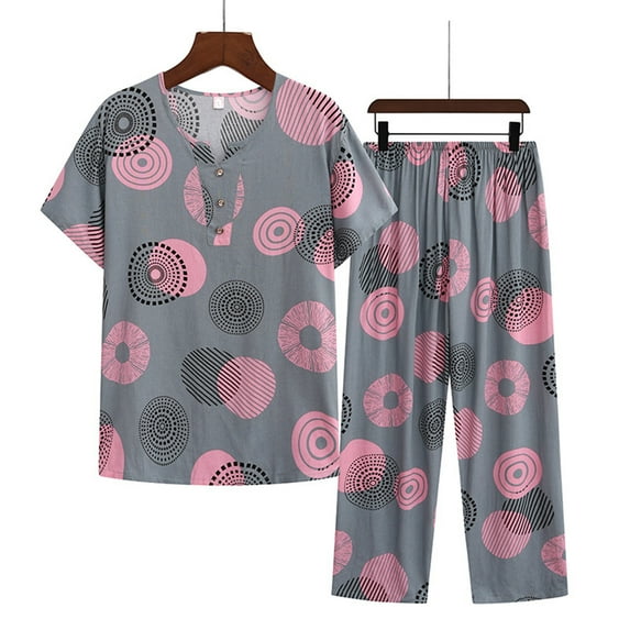 Luxalzxs Womens Match Sets Summer Cotton Linen Pajamas Sets Casual Loose Floral Print Short Sleeve Tops and Pants Pjs Lounge Sets Sleepwear