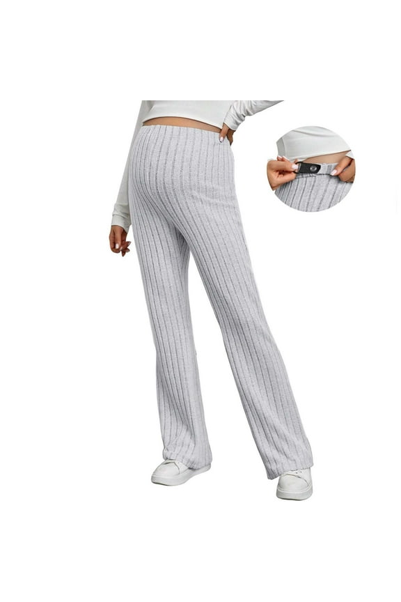 Luxalzxs Womens Maternity Casual Adjustable Elastic High Waist Solid Color Stretchy Ribbed Knit Pants Straight Leg Palazzo Trousers Pregnancy Lounge Pant