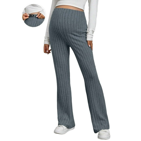 Luxalzxs Womens Maternity Casual Adjustable Elastic High Waist Solid Color Stretchy Ribbed Knit Pants Straight Leg Palazzo Trousers Pregnancy Lounge Pant