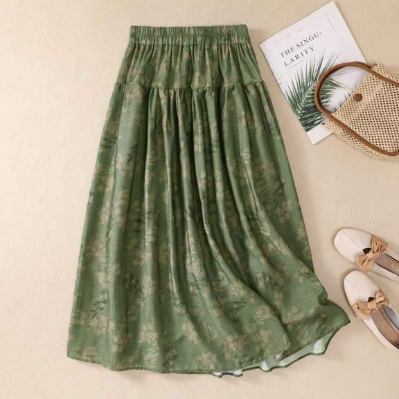 Luxalzxs Womens Maxi Skirts Long Cotton Linen High Waist Swing Beach Skirt Summer Loose Casual Vintage Print A-Line Ruffled Flowy Bohemian Mid-Calf Skirts