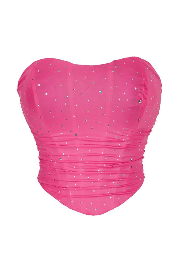 Luxalzxs Womens Mesh Sparkly Rhinestones Boned Overbust Corsets Bustiers Waist Cincher Strapless Bandeau Tube Crop Tops