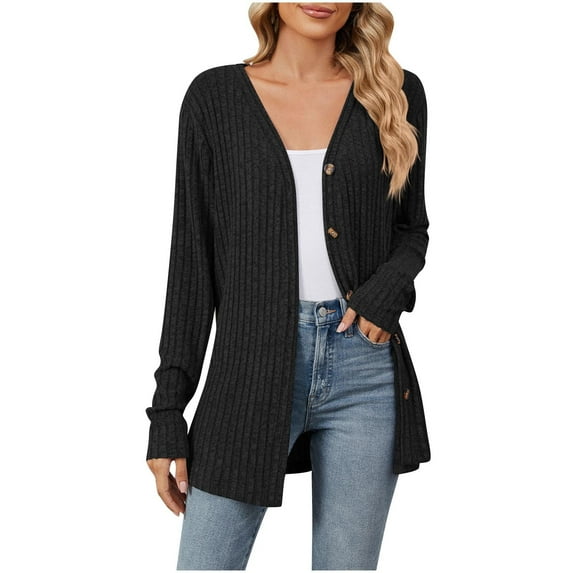 Luxalzxs Womens Mid-Length Cardigan Sweaters Button Open Front Long Sleeves Brushed Ribbed Knit Cardigans Outerwear Coats