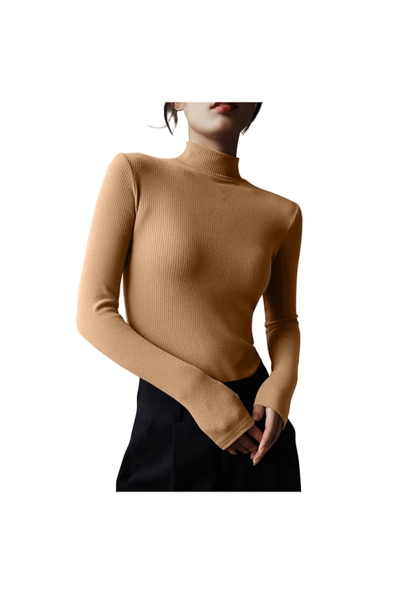 Luxalzxs Womens Mock Turtleneck Base Layer Tops Lightweight Slim Fit Shirts Solid Color Long Sleeve Ribbed Knit Comfy Soft Pullover Tops