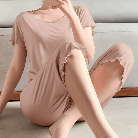 Luxalzxs Womens Modal Pajamas 2 Piece Comfy Soft Summer Casual Loose Short Sleeve Round Neck Top and Elastic Waist Capri Pants Lounge Sets Sleepwear Pjs Sets
