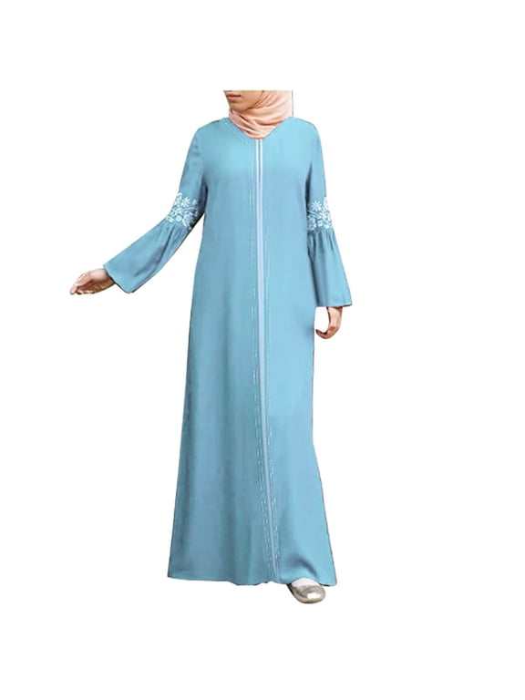 Luxalzxs Womens Muslim Long Dress Floral Printed Vintage Kaftan Islamic Maxi Dresses