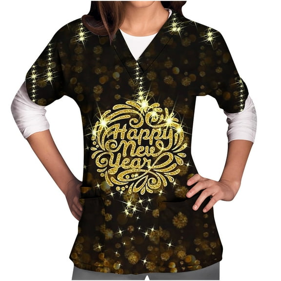 Luxalzxs Womens New Years Eve Scrub Tops Short Sleeve V-Neck Happy New Year Print Blouse Nursing Uniform Workwear
