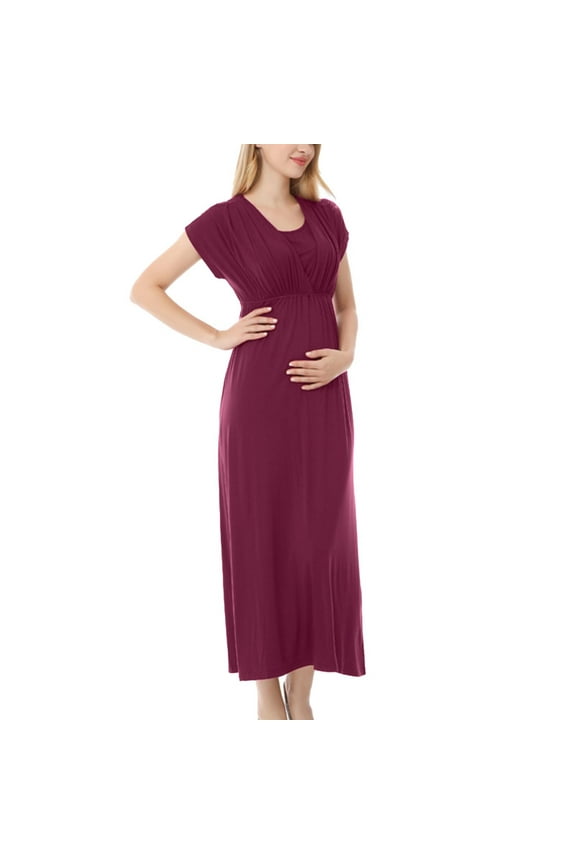 Luxalzxs Womens Nursing Dress Short Sleeve Maternity Dress for Breastfeeding, Casual Loose Crewneck Pregnancy Gown for Baby Shower, Black/Blue/Wine
