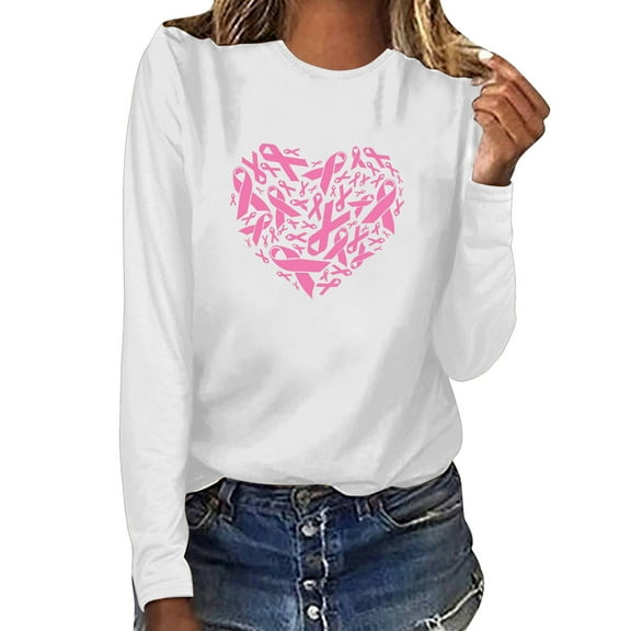 Luxalzxs Womens Pink Ribbon Heart Breast Cancer Awareness Shirts Love Graphic Print Tee Inspirational Tops Cancer Survivor Cancer Fight Tee