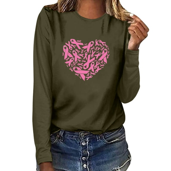 Luxalzxs Womens Pink Ribbon Heart Breast Cancer Awareness Shirts Love Graphic Print Tee Inspirational Tops Cancer Survivor Cancer Fight Tee