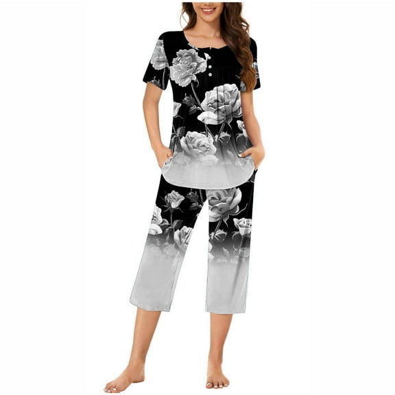 Luxalzxs Womens Pjs Sets Casual Floral Print Loungewear Summer Short Sleeve Henley Neck T Shirt and Capri Pants 2 Piece Lounge Set Pajamas Matching Sets